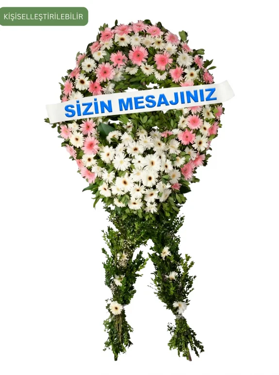 Pembe-Beyaz Gerbera Tek Katlı Çelenk